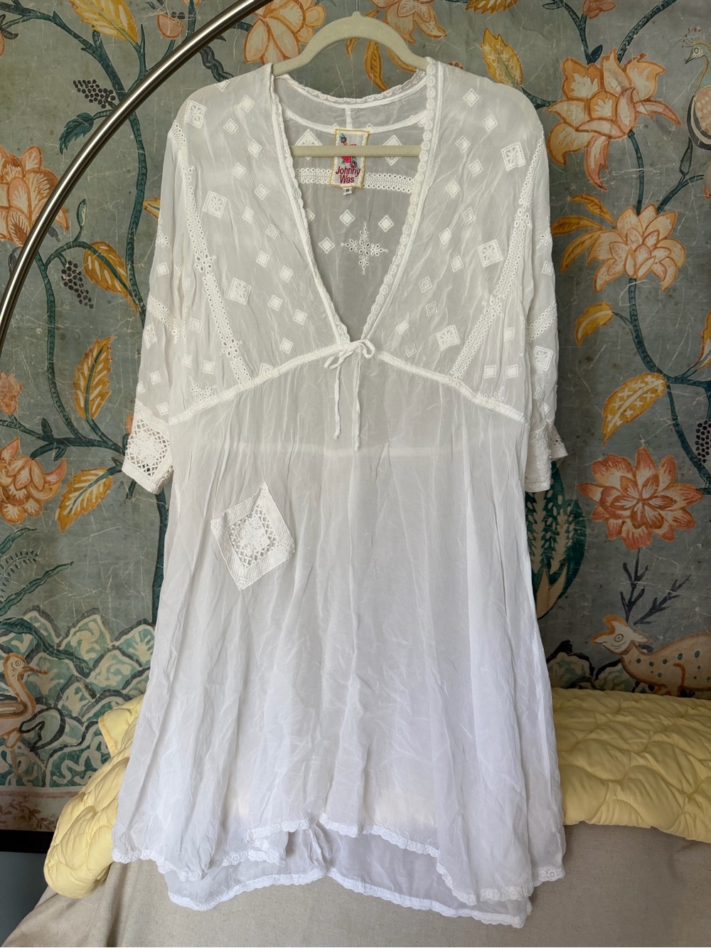 Johnny Was White Embroidered Sheer Cover Up Tunic S Boho Beach